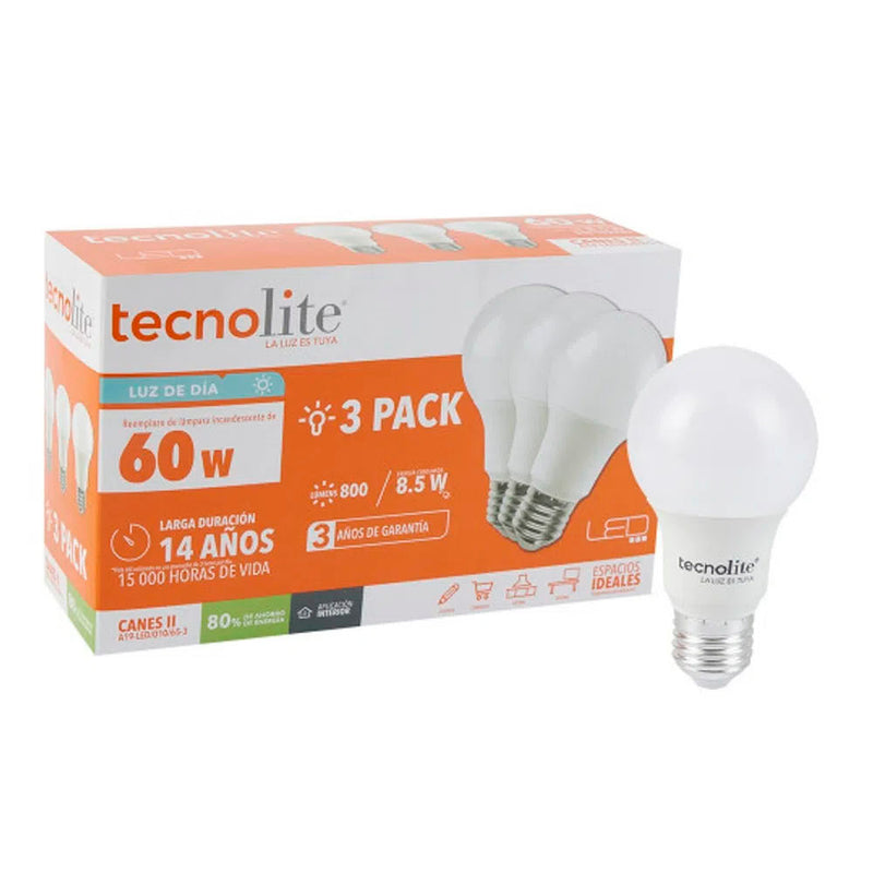 Pack de 3 Focos Led A19 Tecnolite 8.5 W E27 Blanco Calido 30k A19-LED/010/30, TECNOLITE, A19-LED/010/30-3